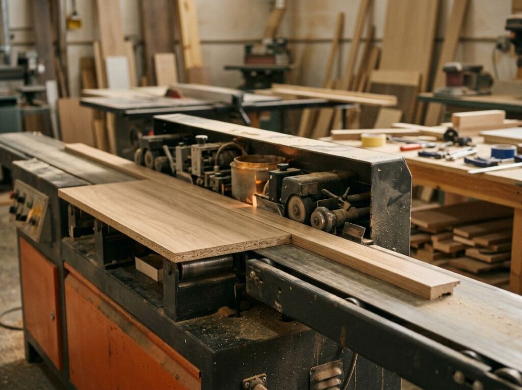 Dos tableros de MDF vistos de canto, uno junto al otro: a la izquierda el MDF normal, de color beige; a la derecha el MDF hidrófugo, teñido de verde, que es como se identifica el tratamiento contra la humedad